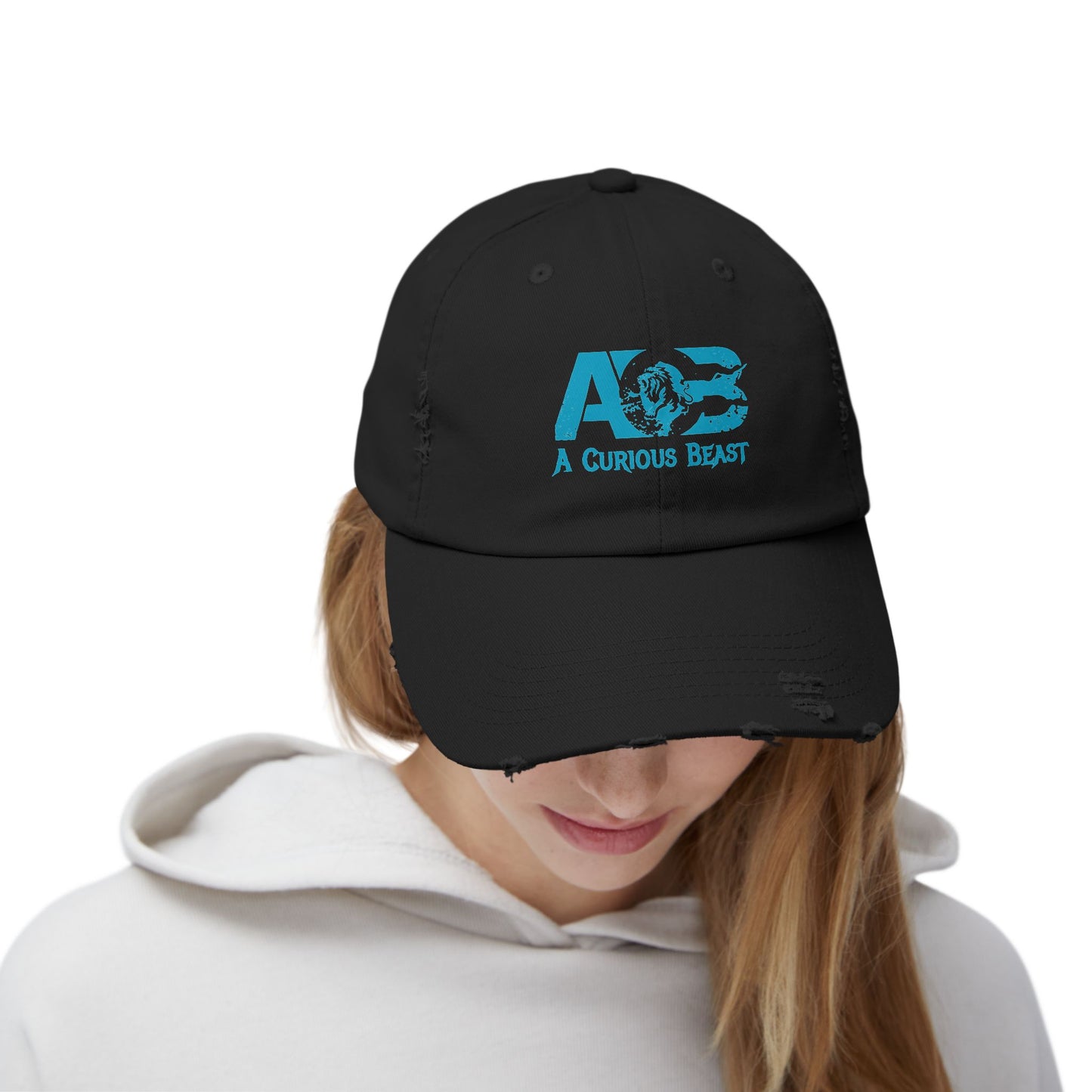A Curious Beast Offical Logo Hat - Blue on Black Unisex Distressed Cap
