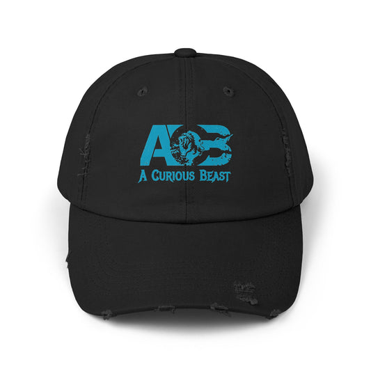 A Curious Beast Offical Logo Hat - Blue on Black Unisex Distressed Cap